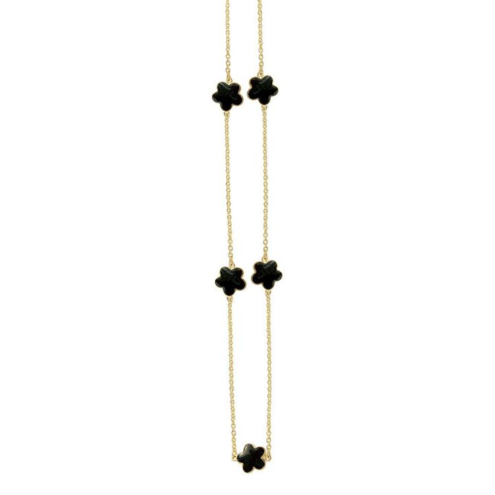 Zirconite Gold Plated Station Necklace With Enameled Daisies Black
