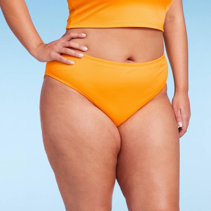 Women's Ribbed Scoop Front High Leg Cheeky Bikini Bottom - Wild Fable Orange