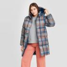 Women's Long Quilted Plaid Puffer Jacket - A New Day Gray