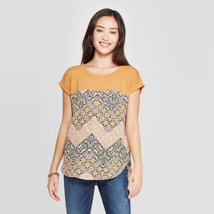 Women's Printed Short Sleeve Round Neck Top - Xhilaration Gold Rush