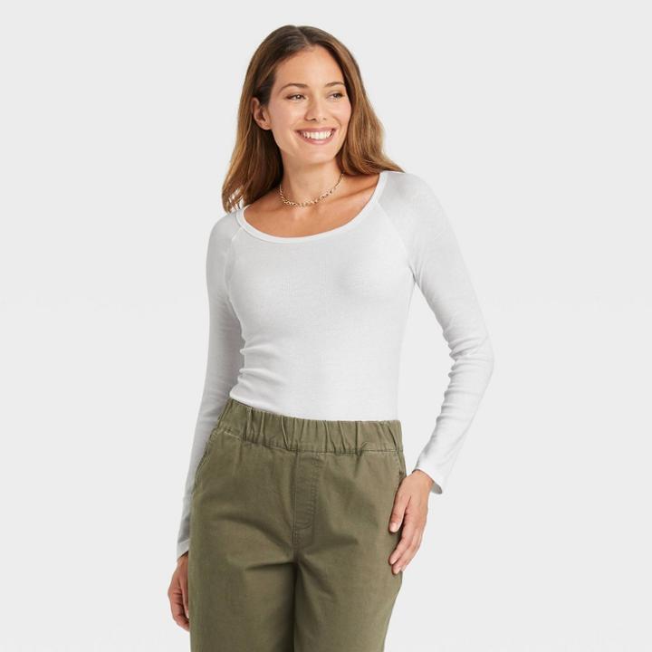 Women's Long Sleeve Ribbed Bodysuit - A New Day White