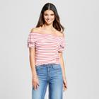 Women's Striped Short Sleeve Off The Shoulder Marilyn Ruffle Blouse - Alison Andrews White/red