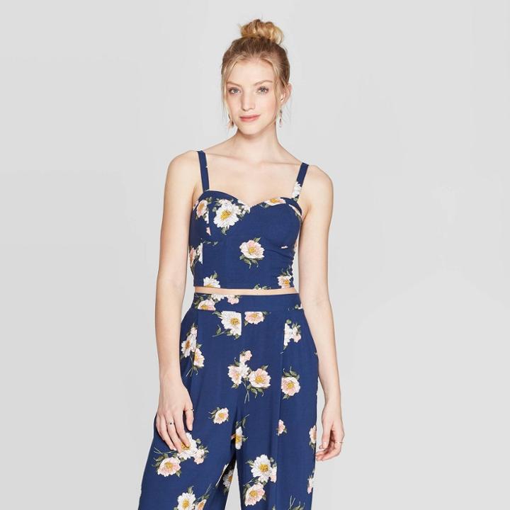 Women's Floral Print Strappy Bra Cup Cropped Top - Xhilaration Navy L, Size: