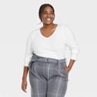 Women's Plus Size Long Sleeve V-neck Ribbed T-shirt - A New Day White