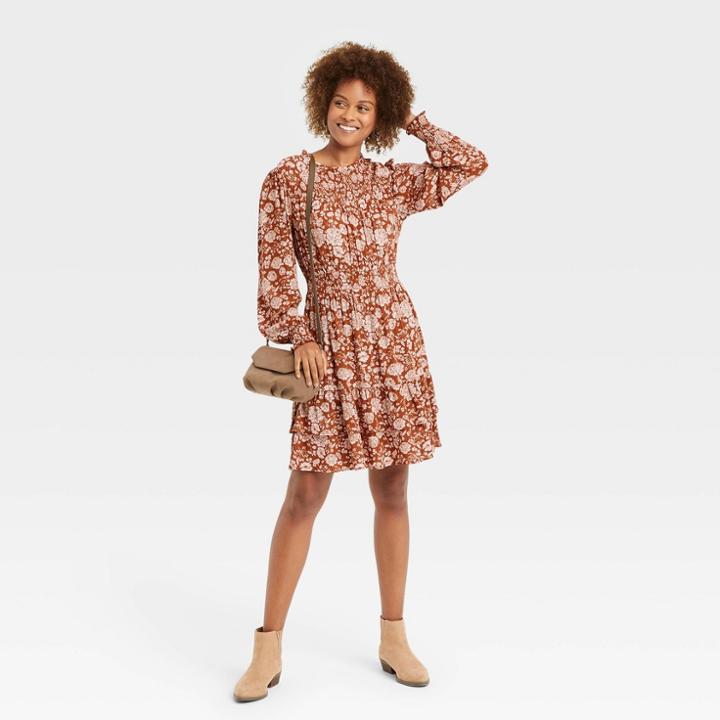 Women's Long Bishop Sleeve Smocked Dress - Knox Rose Rust Floral