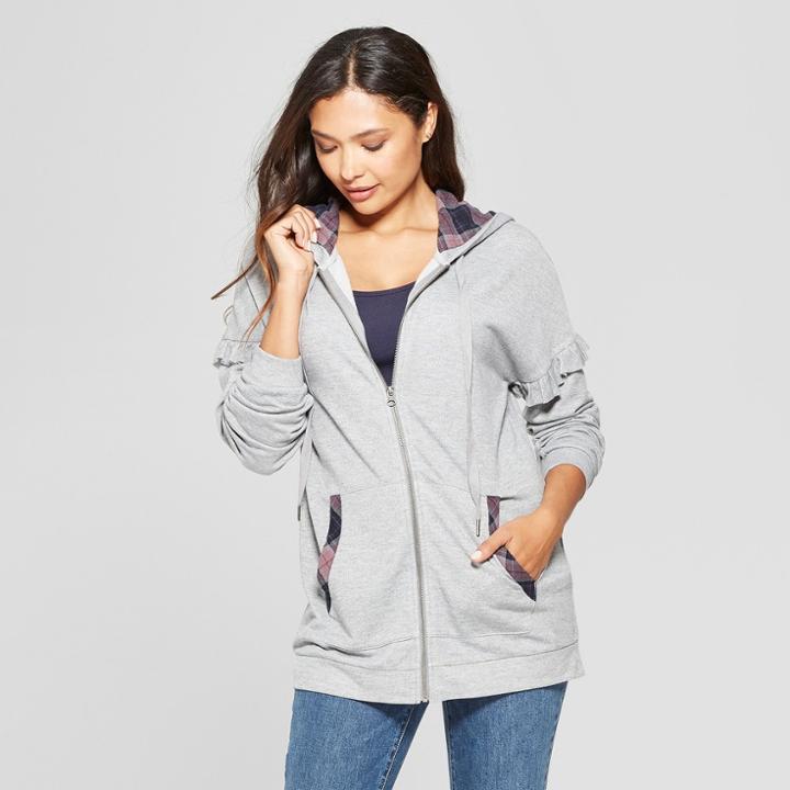 Women's Zip Front Ruffle Sleeve Hoodie - Knox Rose Gray