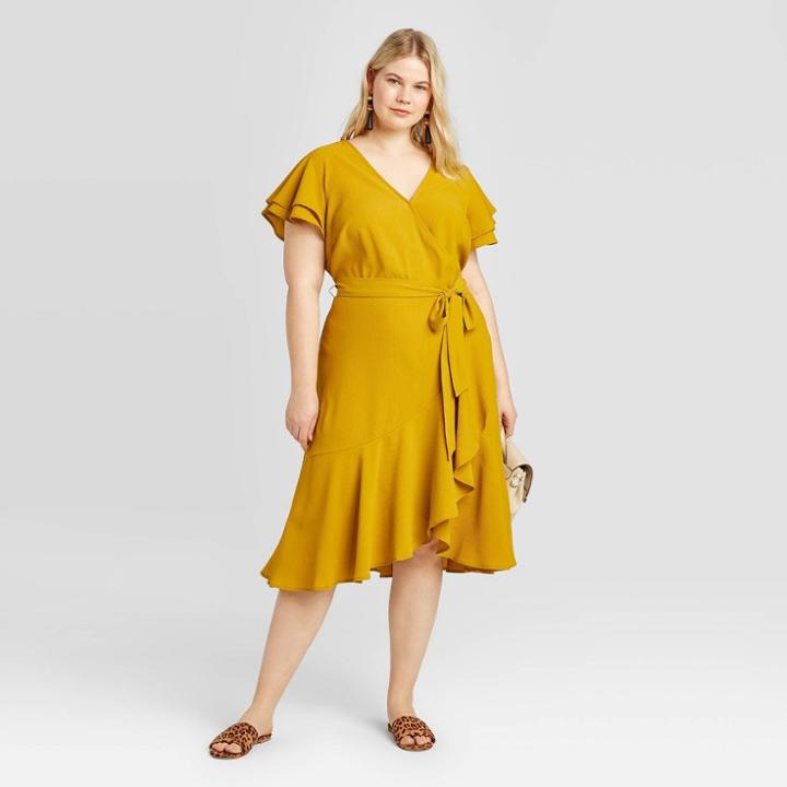 Women's Plus Size Short Sleeve Deep V-neck Wrap Dress - A New Day Gold 1x, Women's,