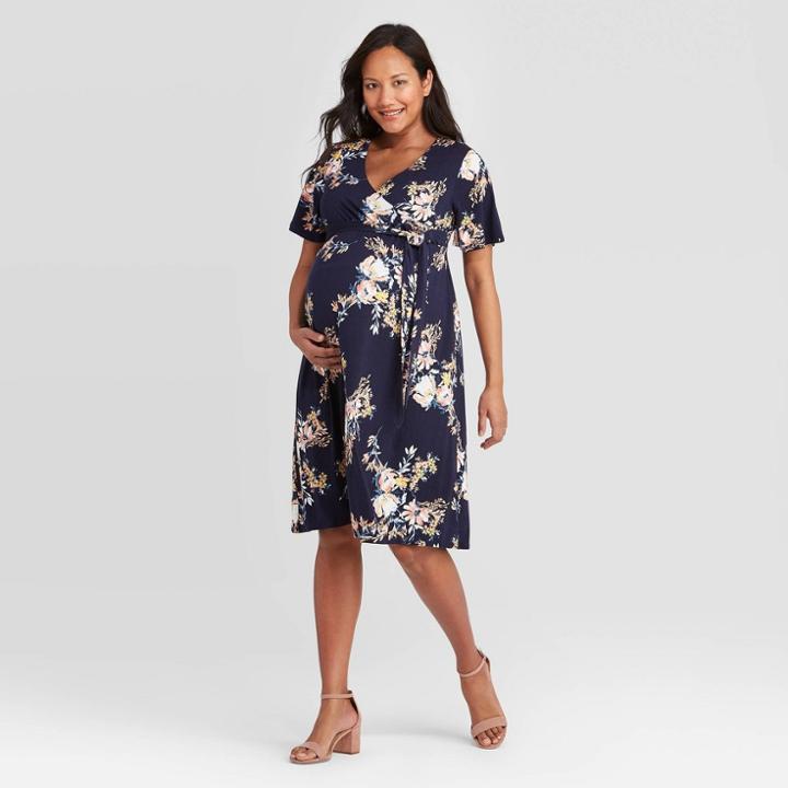 Floral Print Short Sleeve Knit Wrap Maternity Dress - Isabel Maternity By Ingrid & Isabel Navy