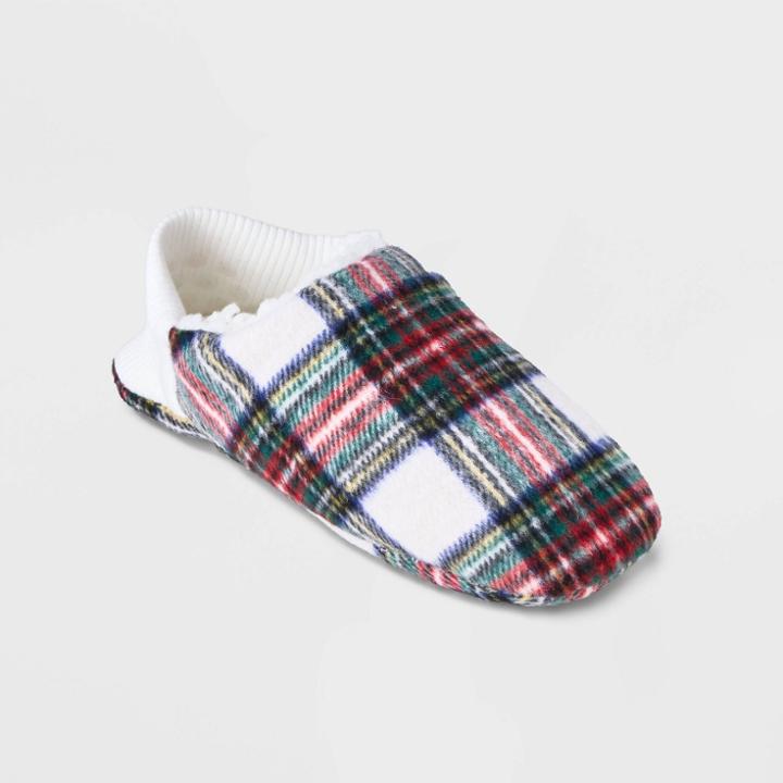 Adult Festive Plaid Faux Shearling Lined Pull-on Slipper Socks With Huggable Heel & Grippers - Wondershop Ivory