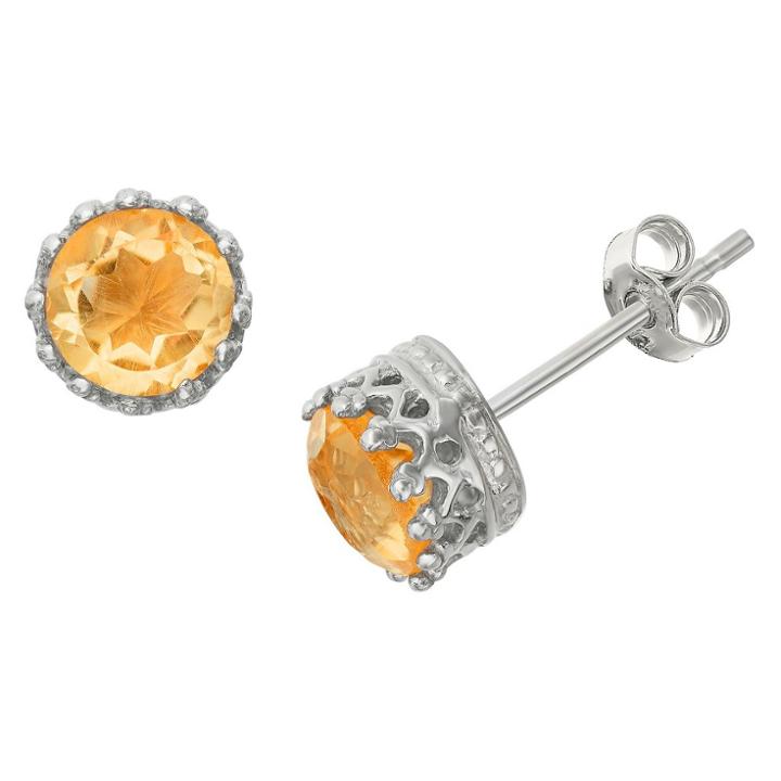 Tiara 6mm Round-cut Citrine Crown Earrings In Sterling Silver, Girl's, Citrine/silver