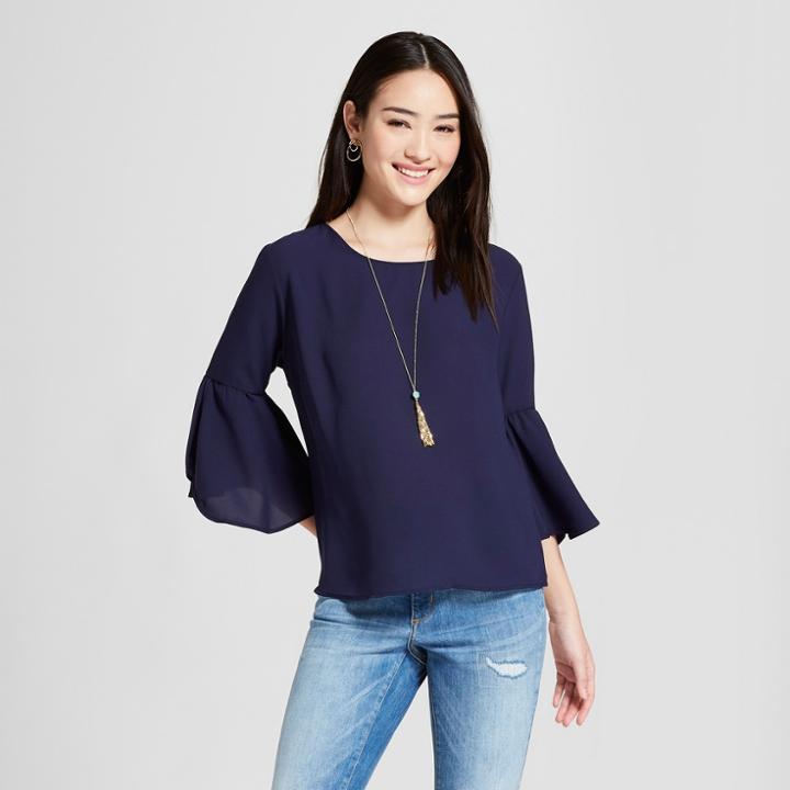 Women's 3/4 Sleeve Tulip Sleeve Top - Lily Star (juniors') Navy (blue)