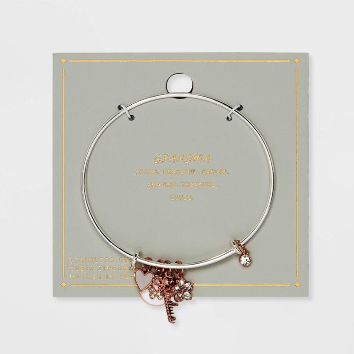 No Brand Stainless Steel Grandma Bangle With Mother Of Pearl And Cubic Zirconia Charms - Rose Gold