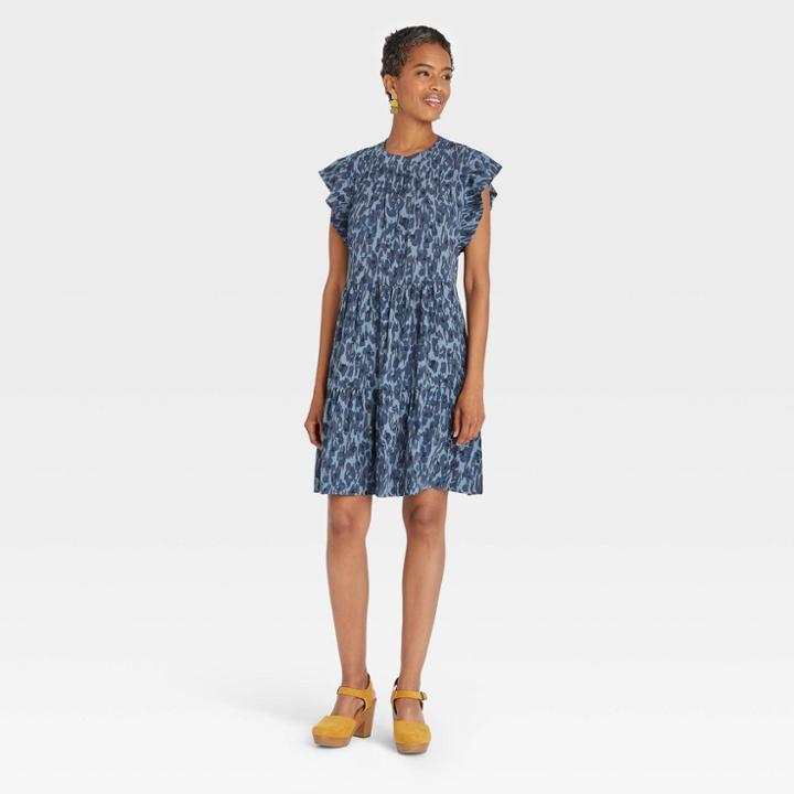Women's Flutter Short Sleeve Dress - Knox Rose Indigo Leopard Print Xs, Blue