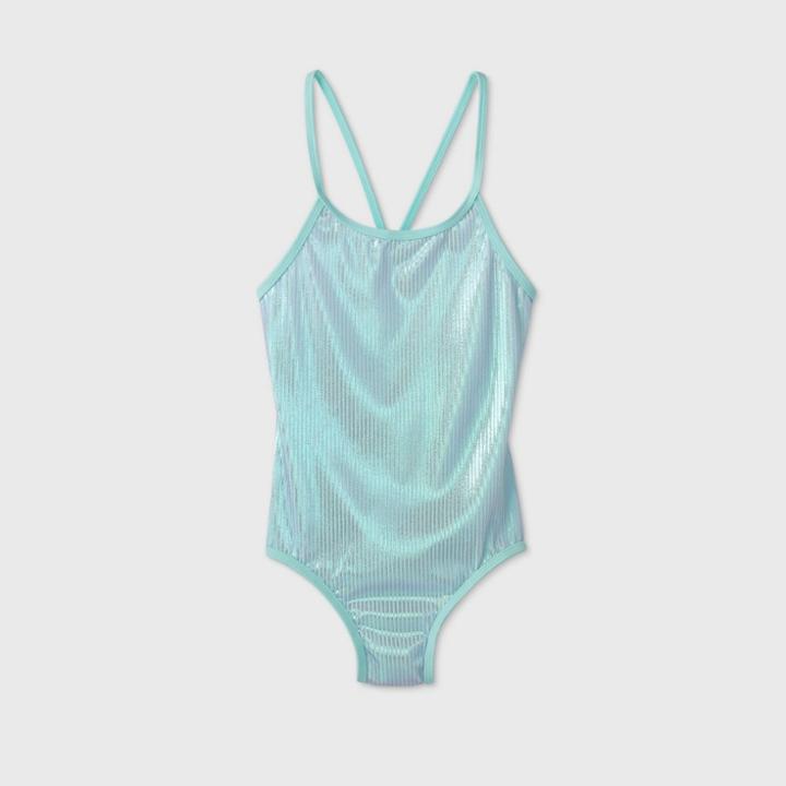 Girls' Shimmer And Shine Iridescent Rib One Piece Swimsuit - Cat & Jack Aqua