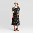 Maternity Floral Print Elbow Sleeve Tiered Knit Midi Dress - Isabel Maternity By Ingrid & Isabel Black