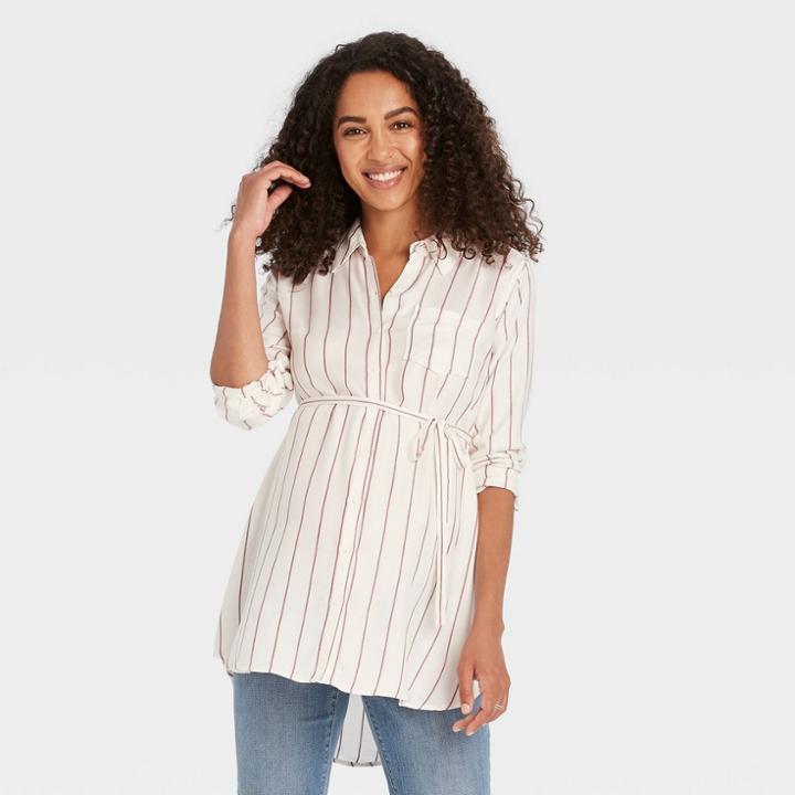 Long Sleeve Button-down Maternity Shirt - Isabel Maternity By Ingrid & Isabel Cream Striped Xs, Ivory