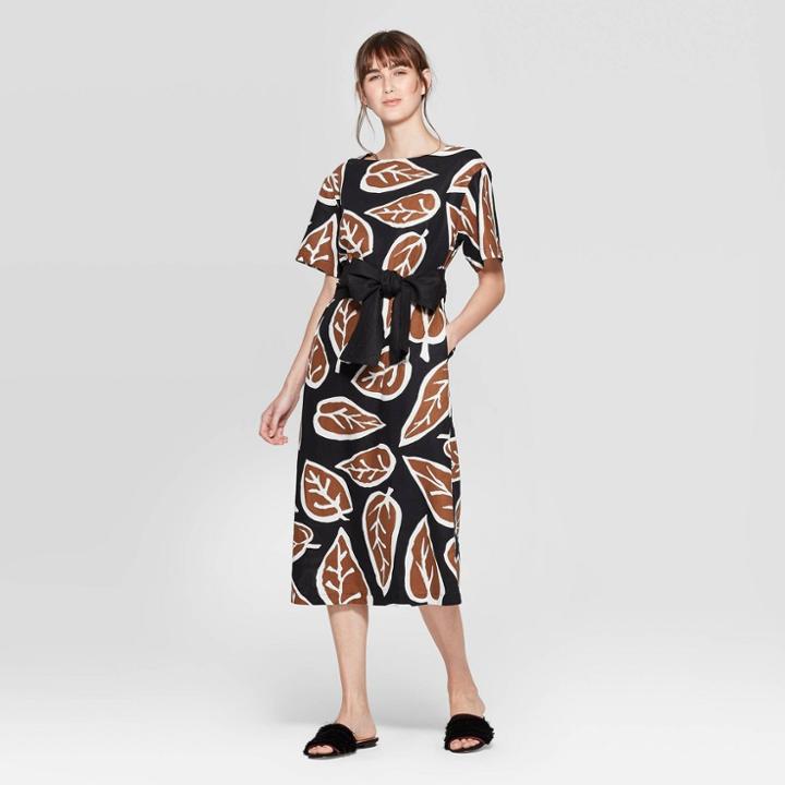 Women's Short Sleeve Boat Neck A Line Midi Dress With Contrast Tie - Who What Wear Black