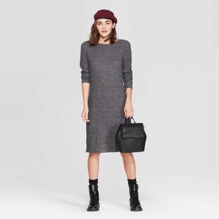 Women's Long Sleeve Crewneck Rib Knit Dress - A New Day Black