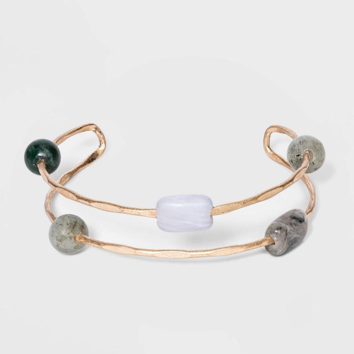 Stationed Mixed Semi-precious Beads Hammered Cuff Bracelet - Universal Thread Gray, Green