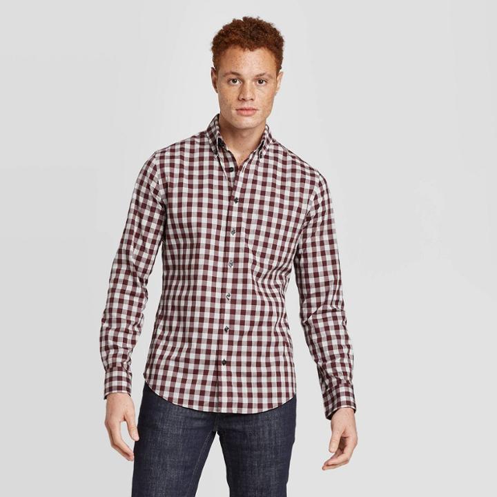Men's Checked Slim Fit Stretch Performance Long Sleeve Button-down Shirt - Goodfellow & Co Dark Red