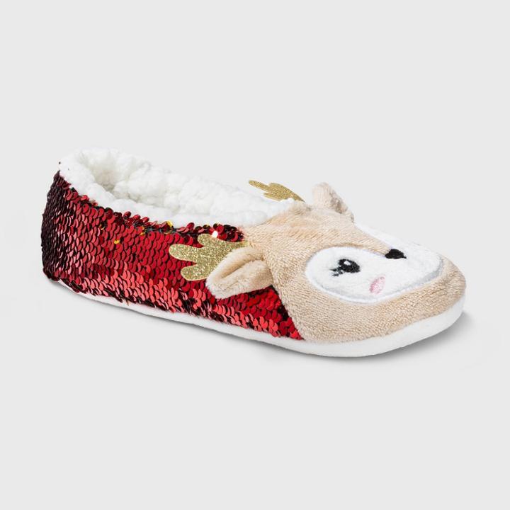Women's Reindeer Pull-on Slipper Socks With Flip Sequins & Grippers - Wondershop Red/gold