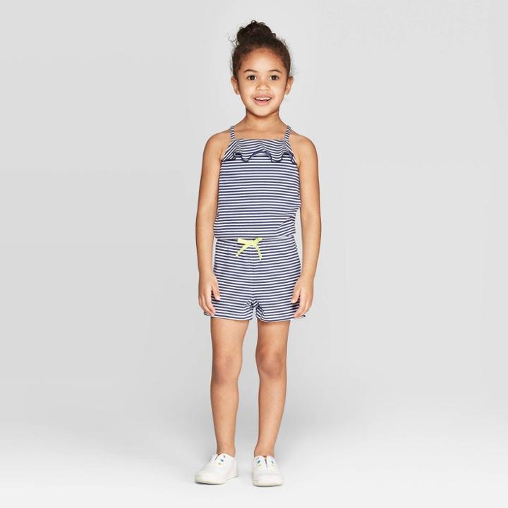 Toddler Girls' Front Ruffle Romper - Cat & Jack Navy 18m, Girl's, Blue