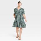 Women's Plus Size Flutter Short Sleeve Dress- Ava & Viv Blue Plaid X