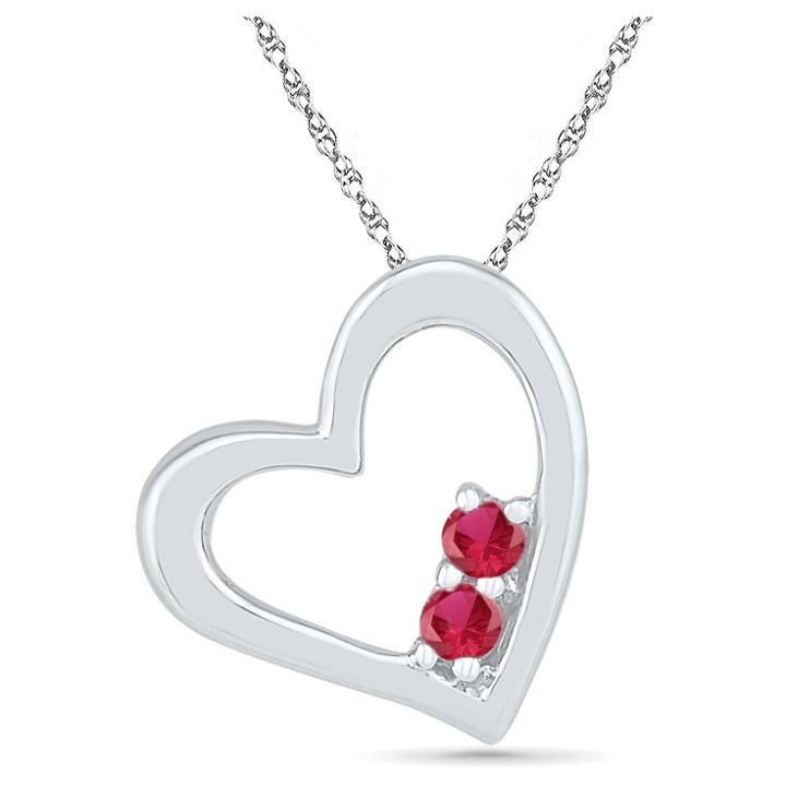 Target Created Ruby Prong Set Two-stone In Heart Pendant In Sterling Silver, Girl's, White