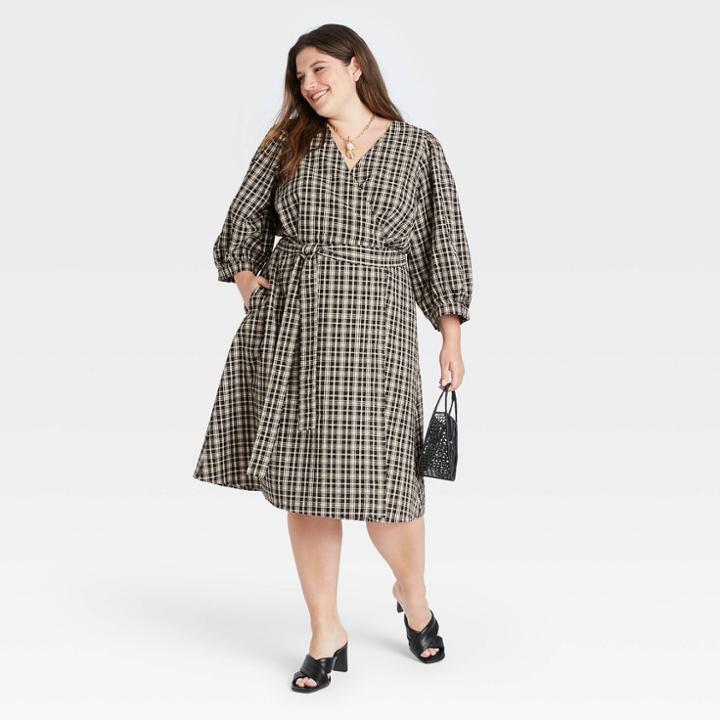 Women's Plus Size Plaid 3/4 Sleeve Wrap Dress - A New Day Black/cream