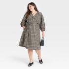 Women's Plus Size Plaid 3/4 Sleeve Wrap Dress - A New Day Black/cream