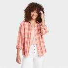 Women's Long Sleeve Gauze Button-down Shirt - Universal Thread Coral Pink Plaid