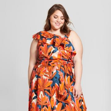 Women's Plus Size Tropical Print Asymmetrical Ruffle Tank Top - Who What Wear Orange/blue 4x, Orange/blue Tropical Print