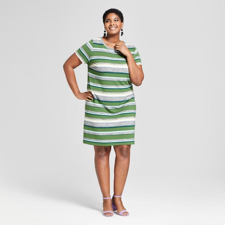 Women's Plus Size Striped T-shirt Dress - Ava & Viv Green