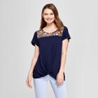 Women's Floral Short Sleeve Embroidered Mesh Twist Front T-shirt - Notations - Dark Blue