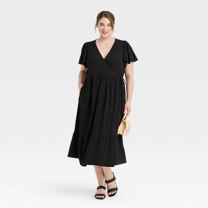 Women's Plus Size Flutter Short Sleeve Wrap Dress - A New Day Black