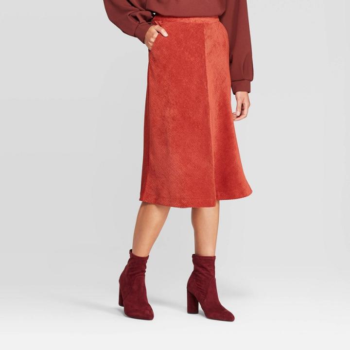 Women's Mid-rise Midi A Line Cord Mitered Skirt - Prologue Rust