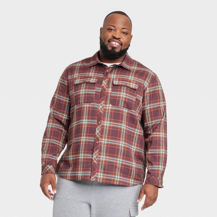 Men's Big Woven Button Long Sleeve Athletic Top - All In Motion Brown/blue