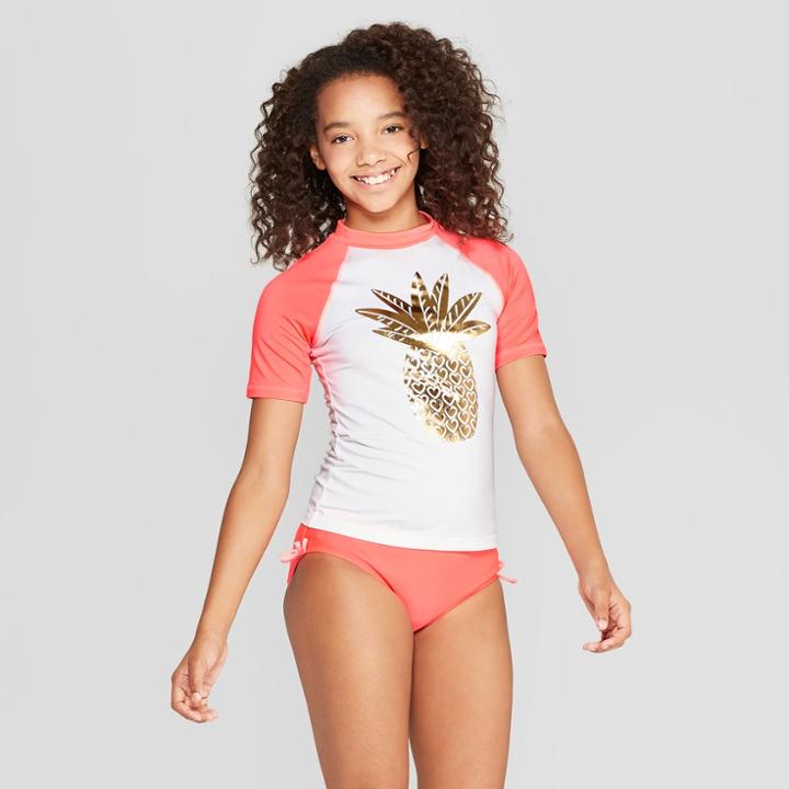 Girls' Pineapple Short Sleeve Rash Guard - Cat & Jack Coral Xl Plus, Girl's, Pink