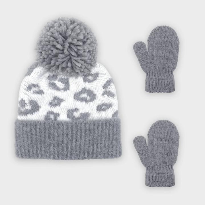 Baby Girls' Leopard Cuffed Beanie And Magic Mittens Set - Cat & Jack White/gray
