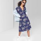 Women's Floral Print Short Sleeve Button-front Midi Dress - Wild Fable Navy
