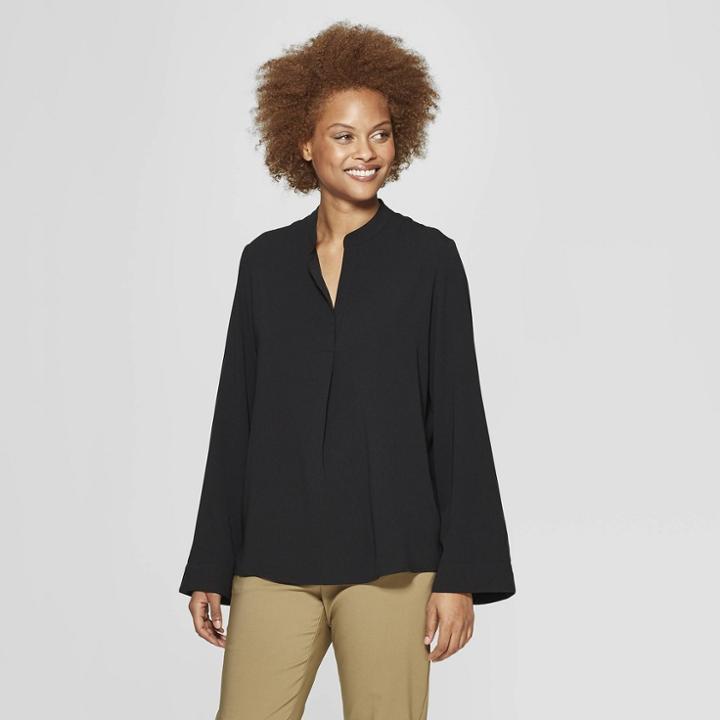Women's Long Sleeve Essential Popover Blouse - Prologue Black
