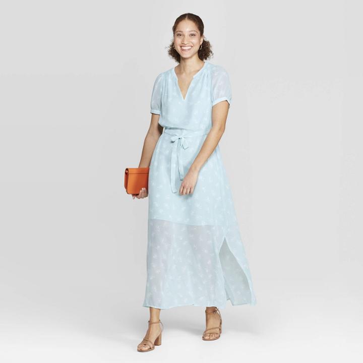 Women's Floral Print Casual Fit Cap Sleeve Deep V-neck Chiffon Maxi Dress - A New Day Turquoise