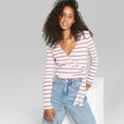 Women's Striped Long Sleeve Faux Wrap V-neck Top - Wild Fable M,