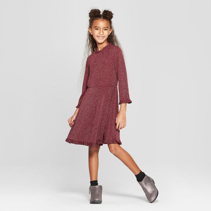Girls' Ruffle Edge A Line Dress With Lurex - Art Class Burgundy