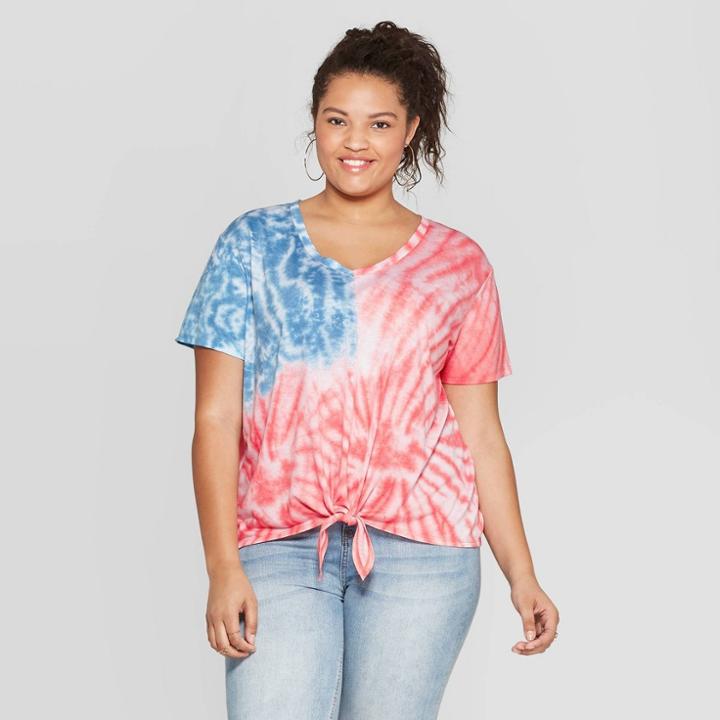 Women's Plus Size Short Sleeve V-neck Flag Tie Front T-shirt - Fifth Sun (juniors') - Tie Dye 1x,