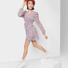 Women's Floral Print Long Sleeve Deep V-neck Puff Sleeve Dress - Wild Fable Pink