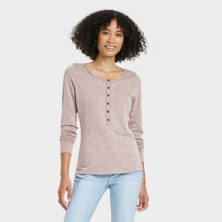 Women's Long Sleeve Henley Neck Shirt - Universal Thread Brown