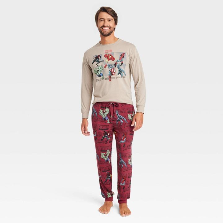 Men's Marvel Long Sleeve Sweater Knit Pajama Set - Dark Red/tan