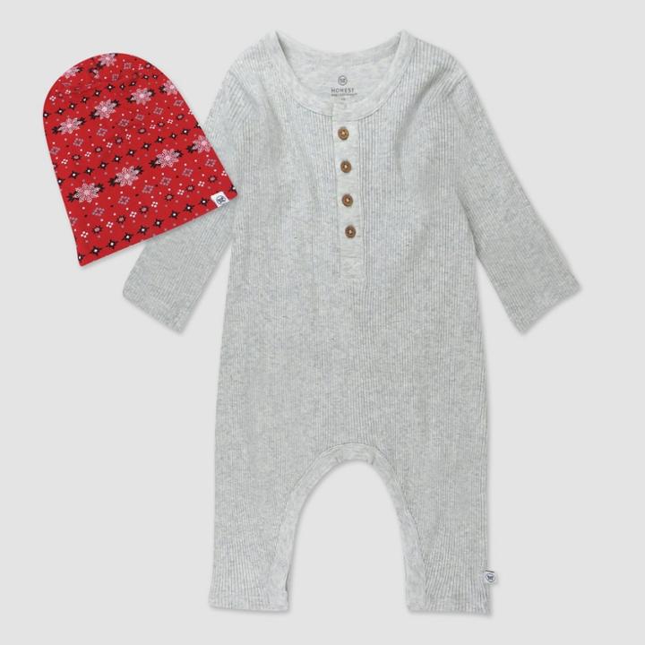 Honest Baby 2pc Chunky Rib Coveralls And Beanie Set - Light Gray Newborn