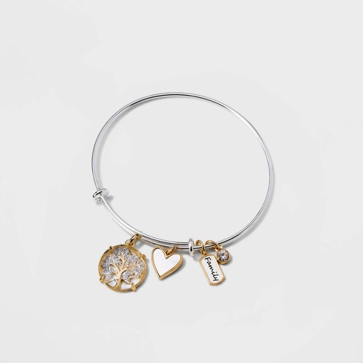 No Brand Silver Plated 'family' Crystal Tree Mother Of Pearl Two-tone Metal Bangle Bracelet -